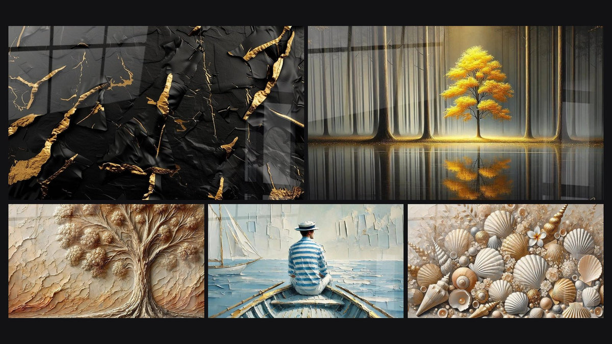 Mozaïek van vijf schilderijen, waaronder Boom van Toen, De Kunst van Water en Zandschatten