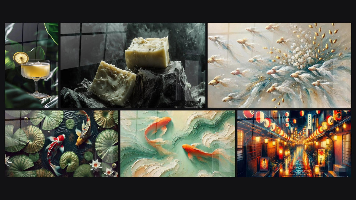 Mosaico di sei quadri, tra cui Formaggio N°3, Sotto le Foglie, una Poesia e Koi in Simbiosi