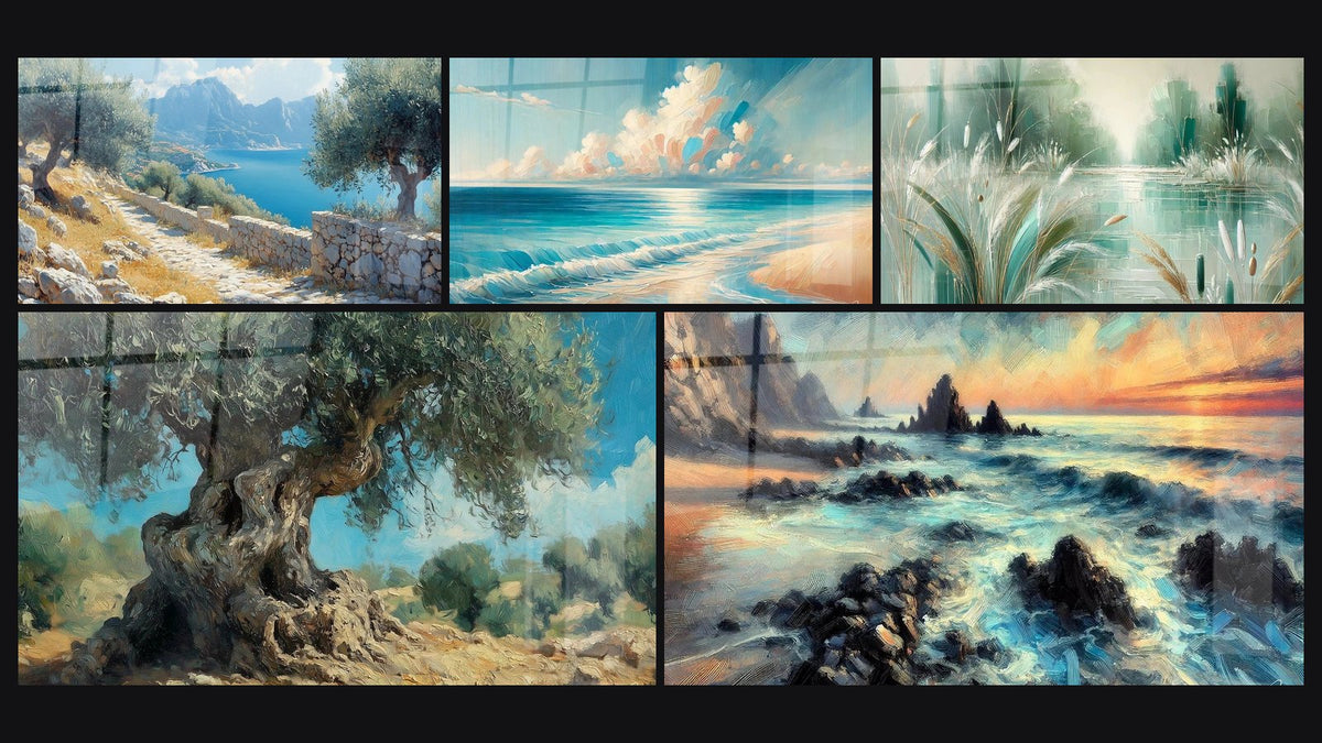 Mosaic of five paintings, including Olive Path, Thousand-Year-Old Olive Tree and Infinite Calm