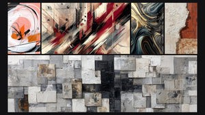 Mosaico de cinco cuadros, entre ellos Espiral Blanca y Coral con Rayas Negras, Turbulencia Artística y Ondulaciones Opulentas