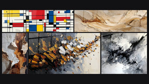 Mozaïek van vijf schilderijen, waaronder Tafel geometrische compositie en Dynamische explosie