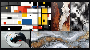 Mozaïek van vijf schilderijen, waaronder Geometrisch gekleurde compositie, Abstract dynamisch en Fragmenten van Absoluut