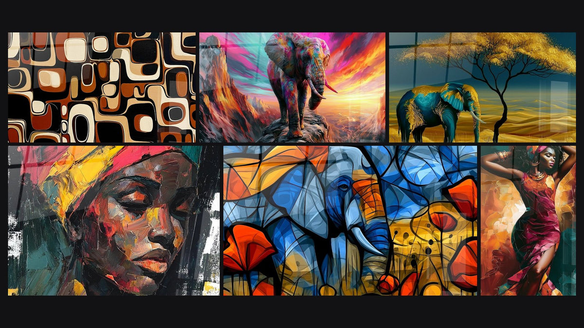 Mosaïque de six tableaux, dont Formes Géométriques, Visage Femme Africaine et Éléphant multicolore sur crête montagneuse