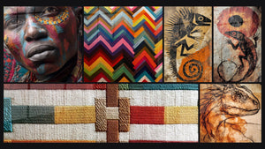 Mosaico de seis cuadros, entre ellos Mujer africana pintura corporal de colores y Motivos geométricos de chevron
