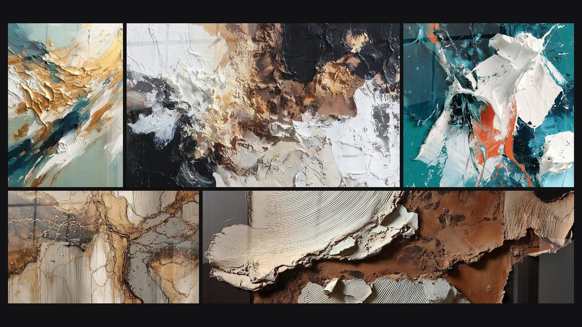 Mosaic of five paintings, including Golden Flux and Reflux and White Shimmer and Teal in Relief