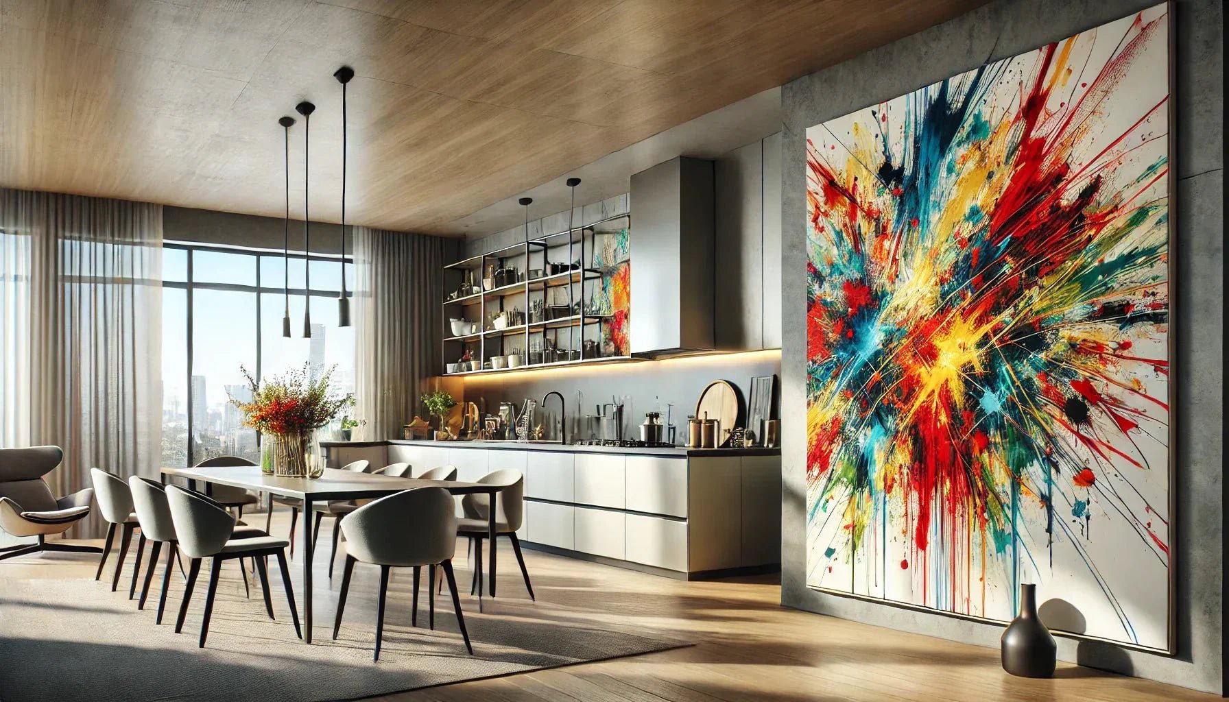 Pourquoi un tableau abstrait coloré convient parfaitement à une cuisine contemporaine ouverte ?