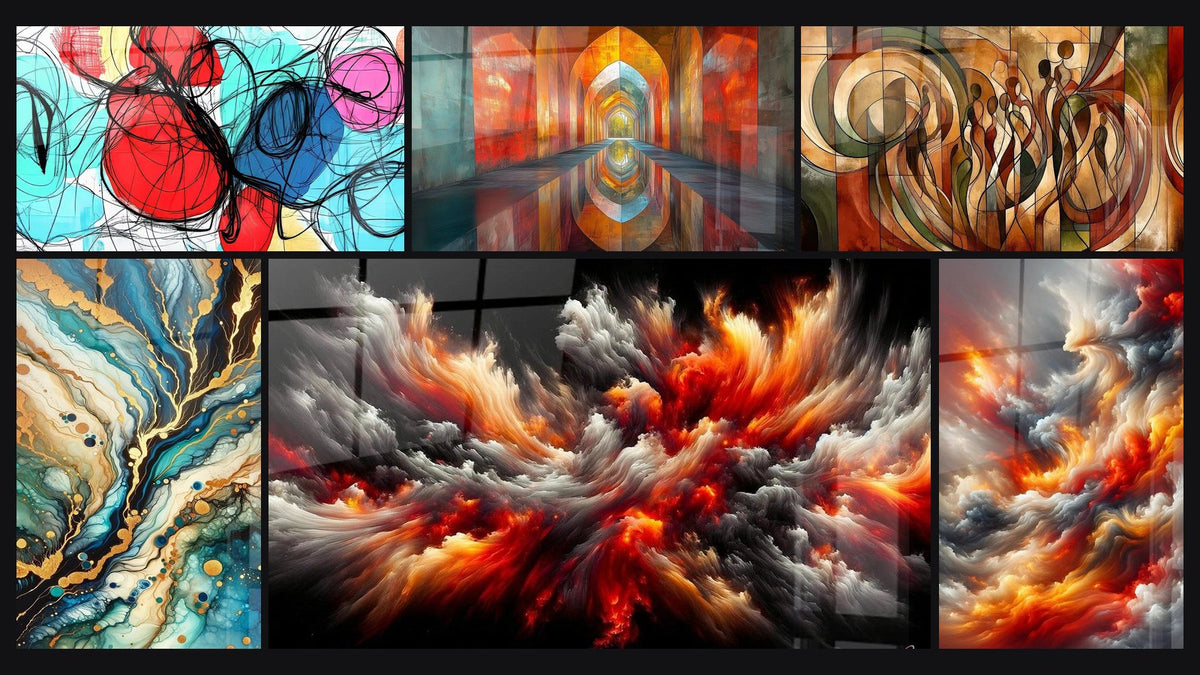 Mosaic of six paintings, including Colorful abstract, Arched Iridescent Vermillion and Mineral Labyrinth