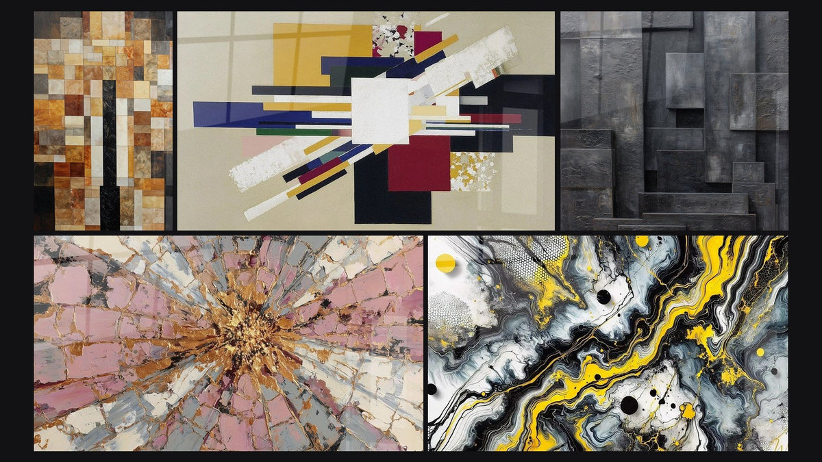 Mosaico de cinco cuadros, entre ellos Explosión Rosa y Oro con Centro Radiante y Impacto Negro