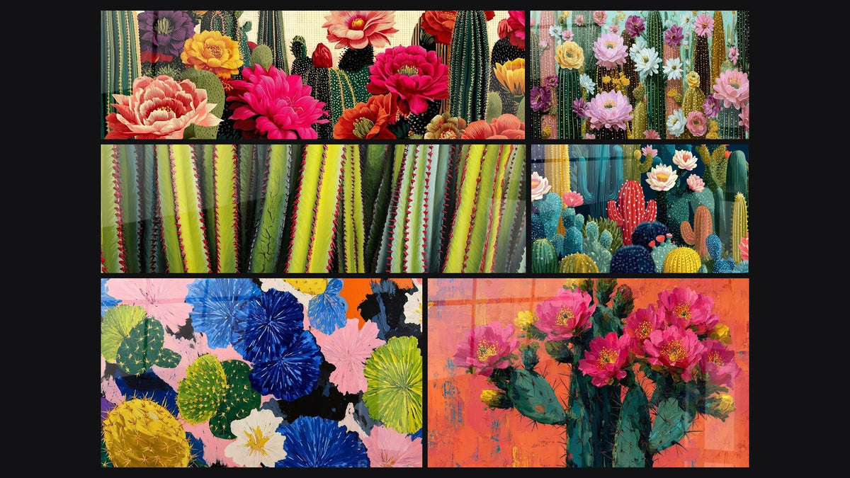 Mosaico de seis cuadros, entre ellos Cactus y Flores Tropicales Multicolor