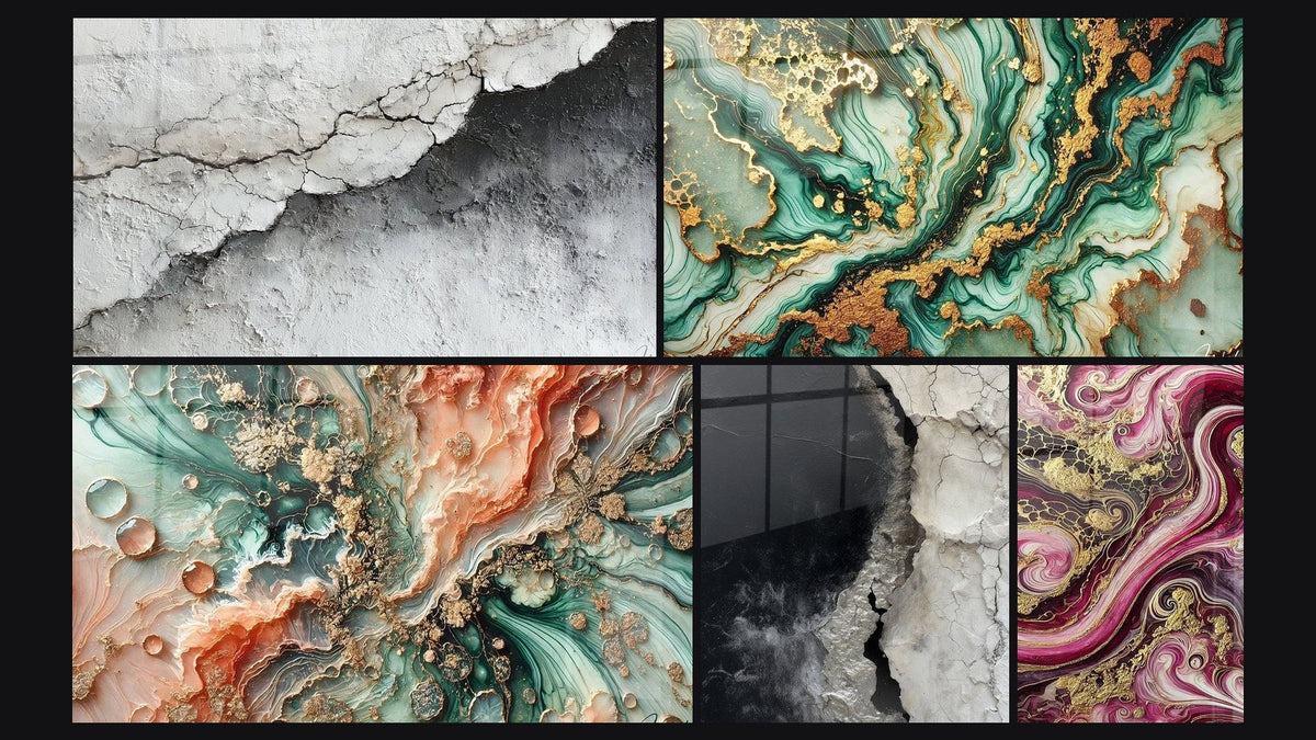 Mosaico de cinco cuadros, entre ellos Textura Mural Agrietada Blanco y Gris, Sueño Coralino y Mármol Misterioso