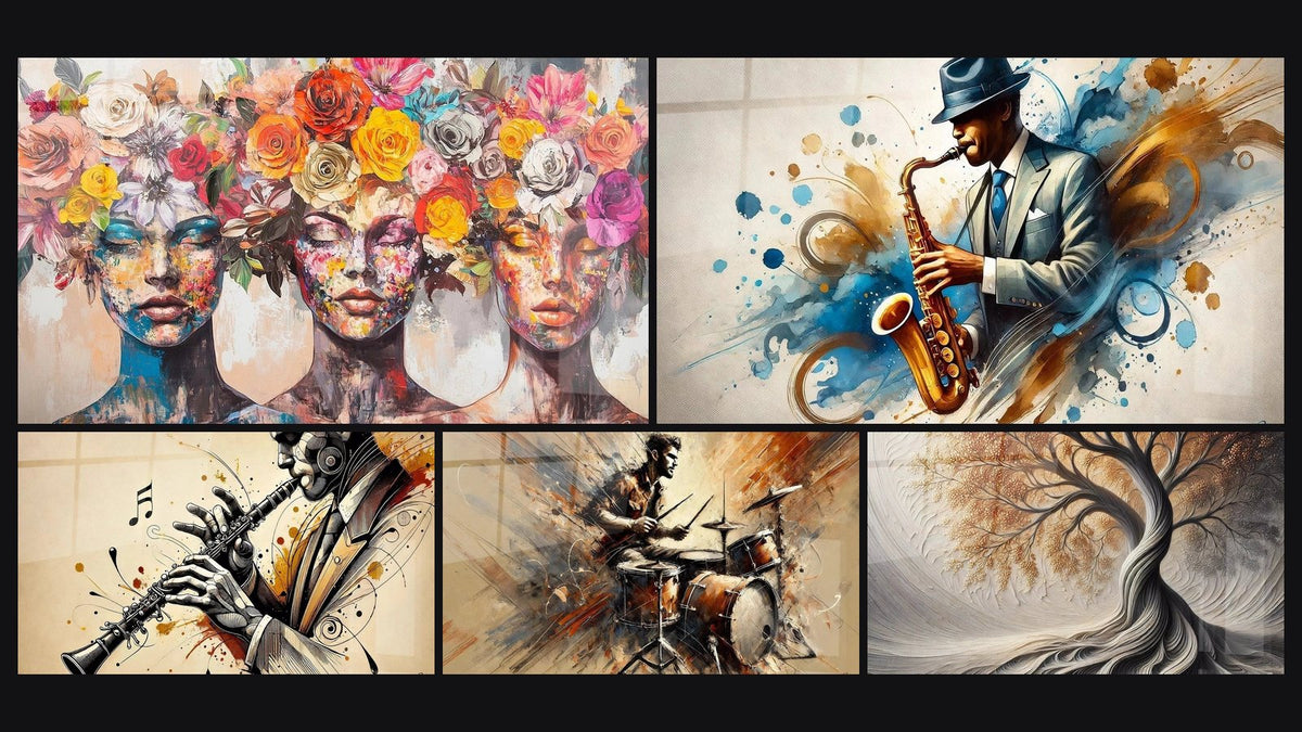 Mosaic of five paintings, including The Blooming Muses, Drums Wall Art No. 2 and Breath of Earth