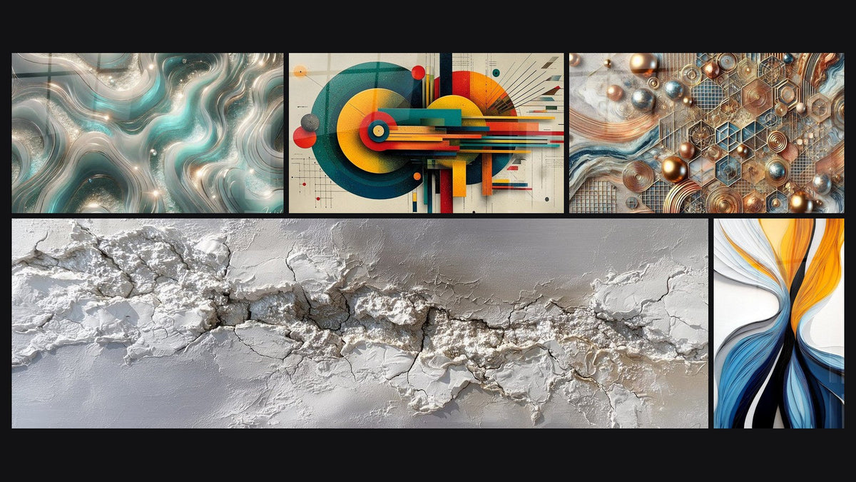 Mosaico di cinque quadri, tra cui Onde Scintillanti, Geometrico Energia Concentrica e Mosaico di Rame