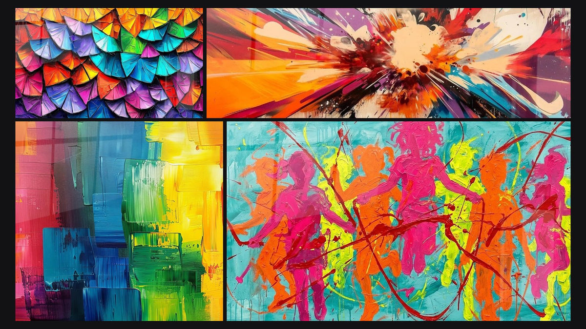 Mosaic of four paintings, including Colored Fans, Multicolor Abstract and Creative Chaos