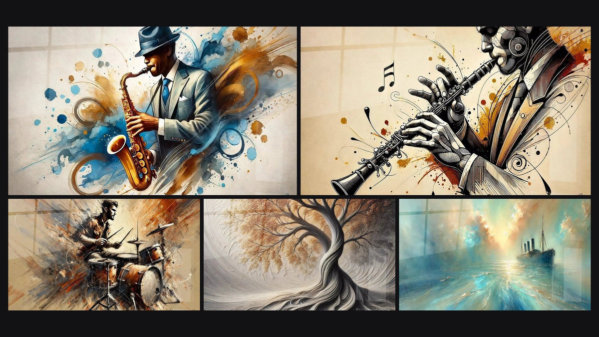 Mosaic of five paintings, including Drums Wall Art No. 2, Breath of Earth and Heart of the Breeze