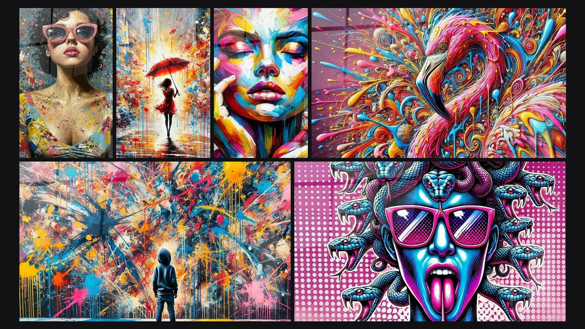 Mosaico di sei quadri, tra cui Schizzi di Pittura, Pioggia di Colori e Splendore Vintage