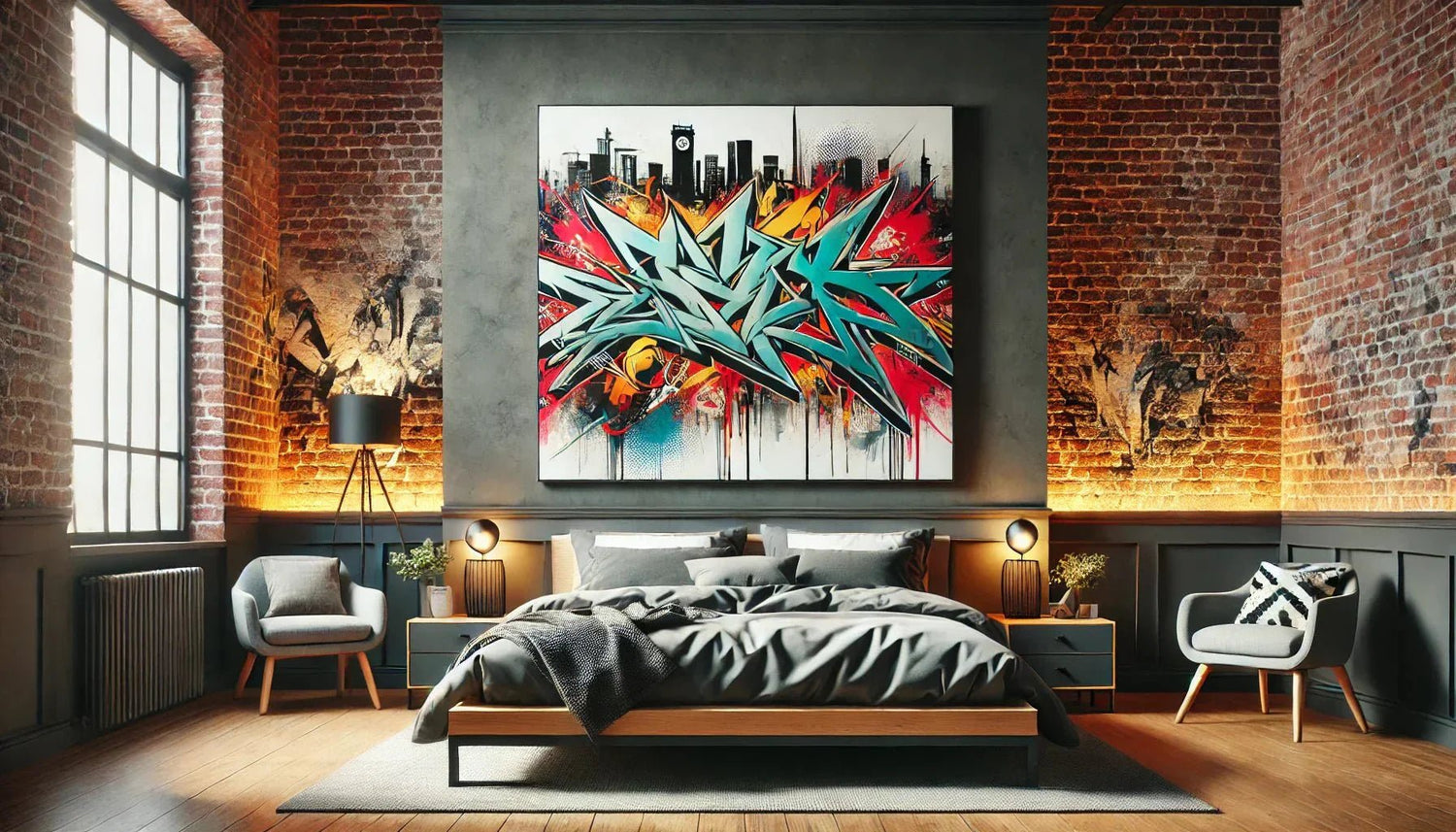 Chambre moderne décorée avec un Tableau Street Art pour chambre, affichant un design graffiti coloré, parfait pour une ambiance urbaine et contemporaine.