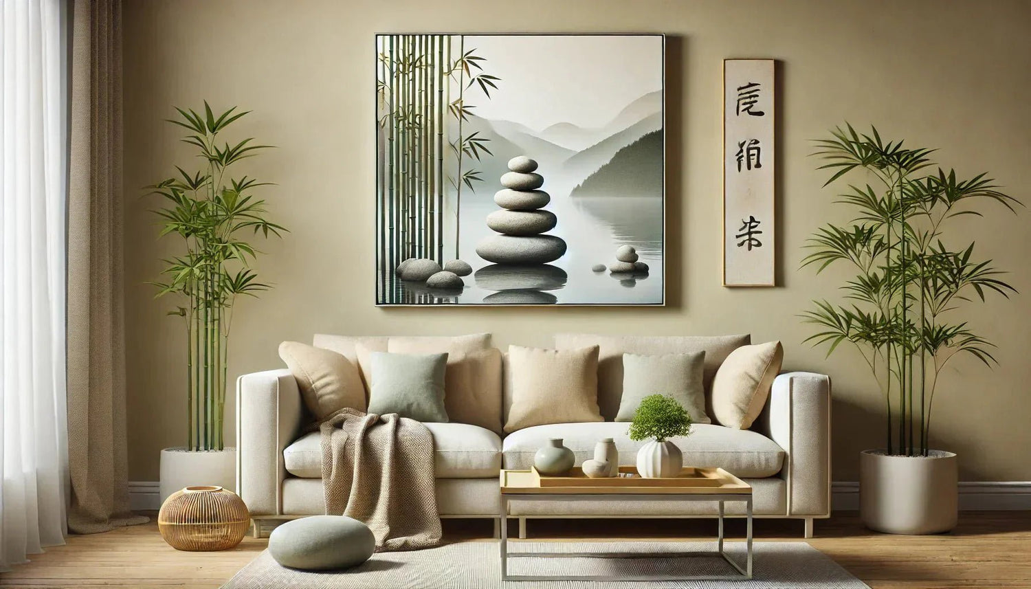 Tableau zen pour salon représentant un paysage apaisant avec bambous et galets, idéal pour une décoration murale zen favorisant la sérénité et l’harmonie intérieure.