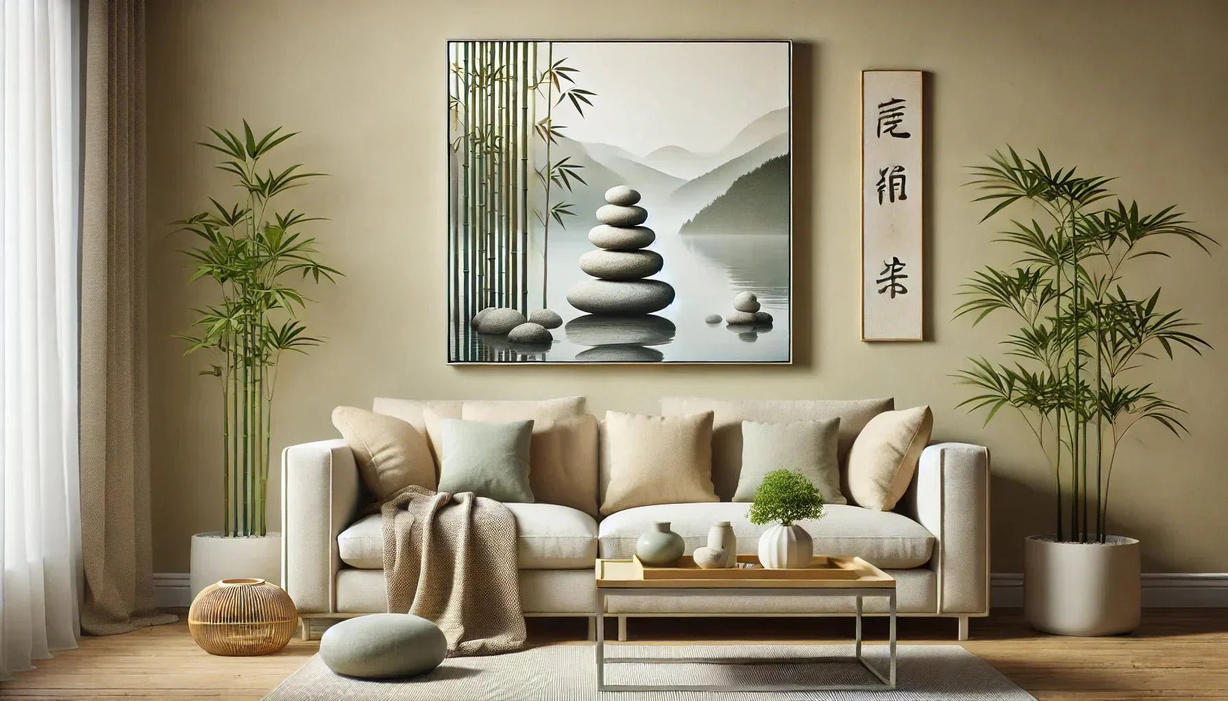 Tableau zen pour salon représentant un paysage apaisant avec bambous et galets, idéal pour une décoration murale zen favorisant la sérénité et l’harmonie intérieure.