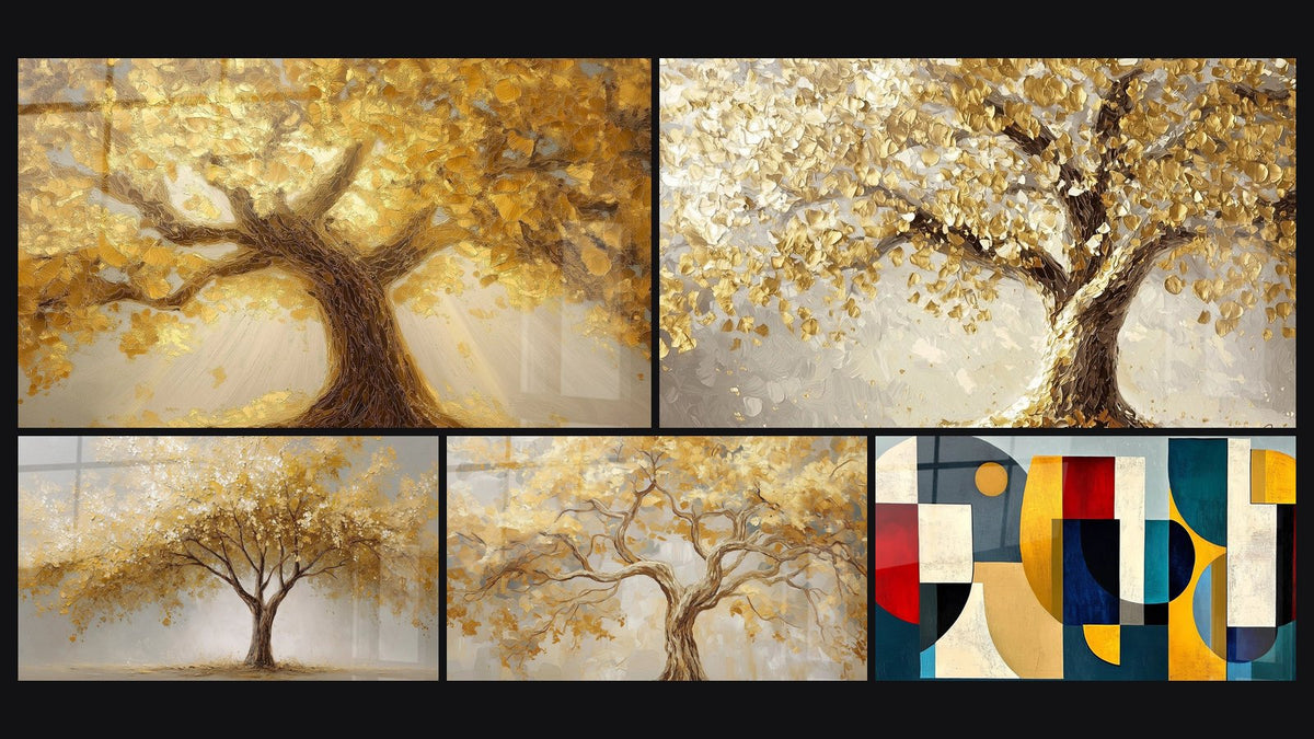Mosaic of five paintings, including Colored geometric shapes