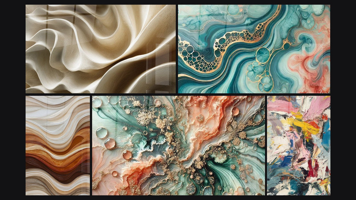 Mosaico di cinque quadri, tra cui Onde Fluide Terra e Rame, Marea di Acquerello e Sogno Corallino