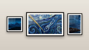 Gallery wall with three framed paintings: Narwhal Van Gogh, Nocturnal Coastal Landscape and Snowy Mountain