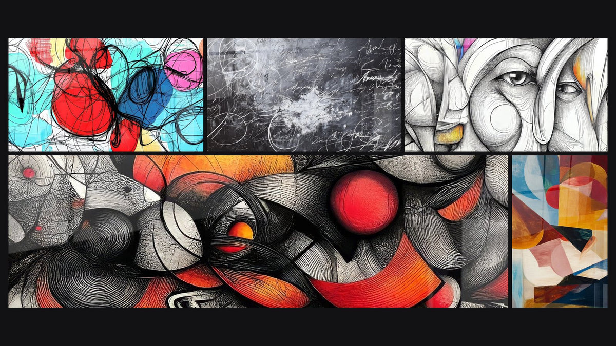 Mosaico de cinco cuadros, entre ellos Abstracto colorido, Abstracta caligrafía y Abstracto de rostro femenino