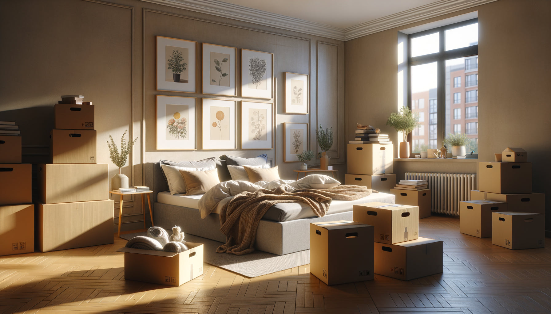 Chambre avec tableaux accrochés au mur pendant déménagement, cartons au sol, refuge douillet en cours d'installation