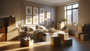 Chambre avec tableaux accrochés au mur pendant déménagement, cartons au sol, refuge douillet en cours d'installation