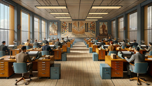 Bureau collectif des années 1950 avec tableau mural inspirant, employés au travail, design corporatif mid-century