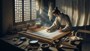 Préparation traditionnelle de soie pour peinture dynastie Song, encollage minutieux sur cadre en bois, atelier d'artiste chinois ancien