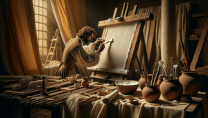 Atelier de peintre ancien préparant une toile avec gesso et colle animale, technique artisanale préindustrielle