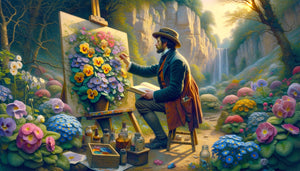 Peintre préraphaélite des années 1850 travaillant en plein air avec précision botanique scientifique sur toile détaillée