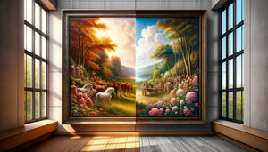 Comparaison photographique d'un tableau protégé par verre anti-UV versus décoloré par lumière naturelle, démonstration conservation art