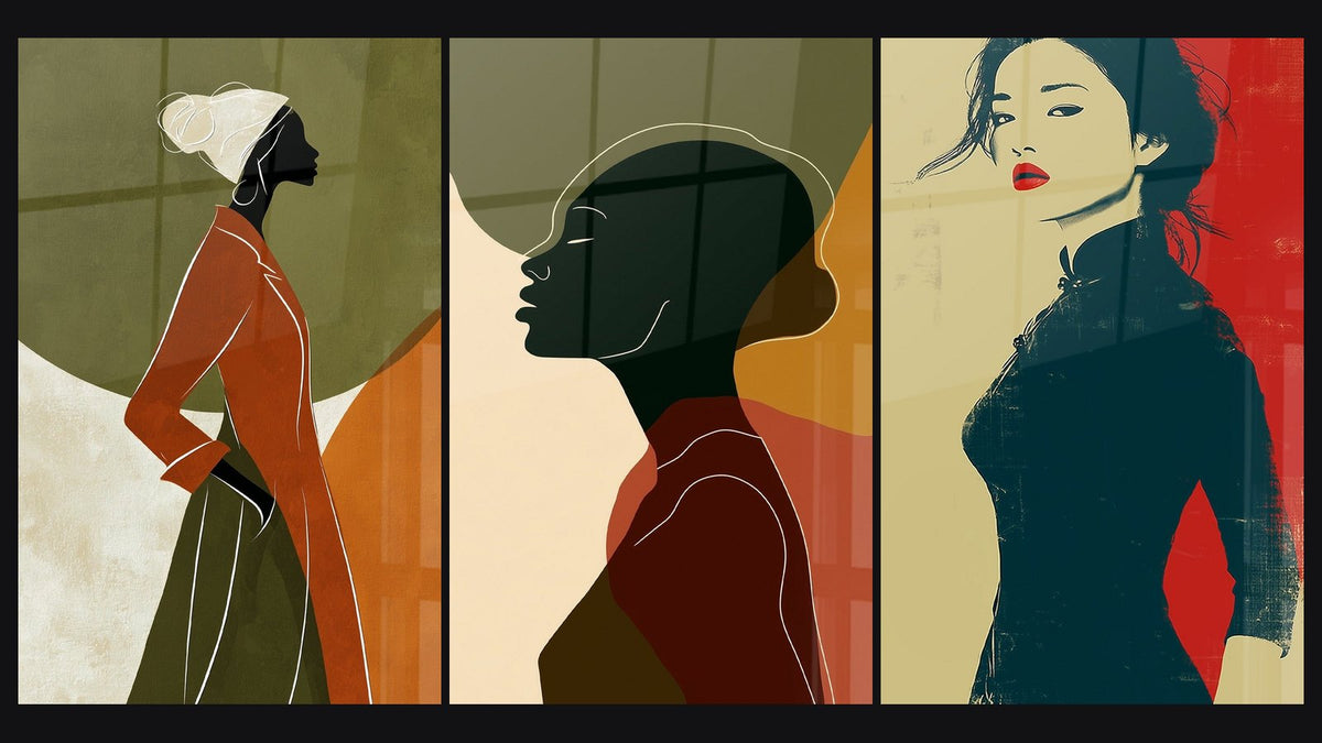 Mosaico di tre quadri, tra cui Silhouette di profilo verde oliva e ocra e Abito cheongsam nero e beige a rombi rossi