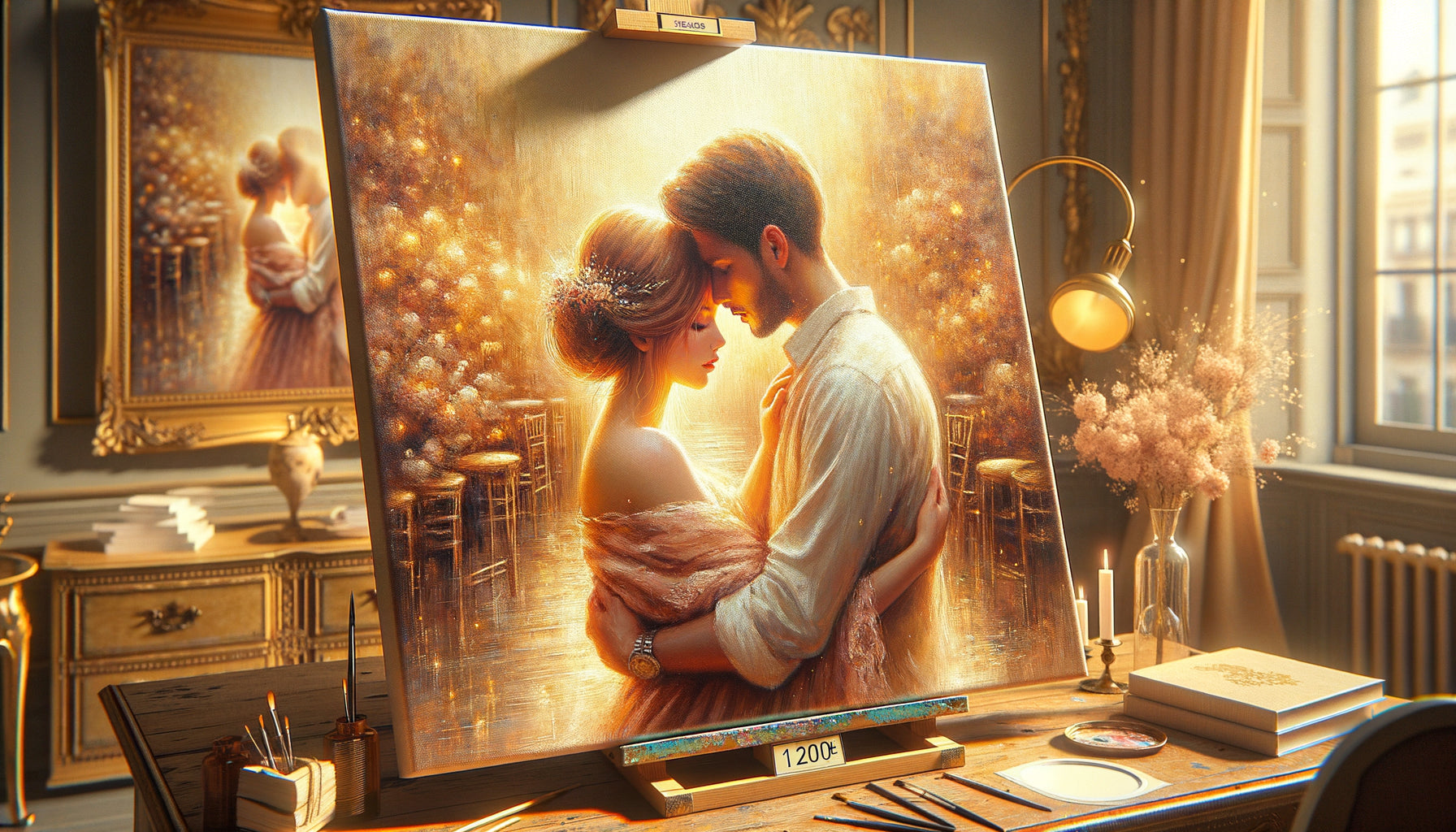 Tableau romantique contemporain original montrant un couple enlacé, peinture à l'huile de qualité galerie avec étiquette de prix