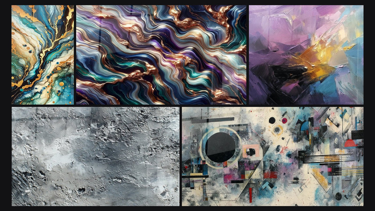 Mosaic of five paintings, including Mineral Labyrinth, Textured silver-gray abstract and Serenade Mineral Abstract