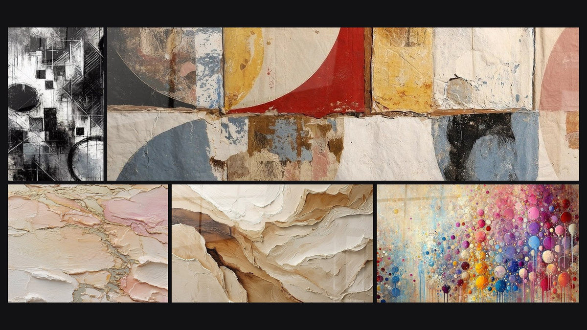 Mosaik aus fünf Gemälden, darunter Fragmente der Absolutheit und Geometrische abstrakte Formen