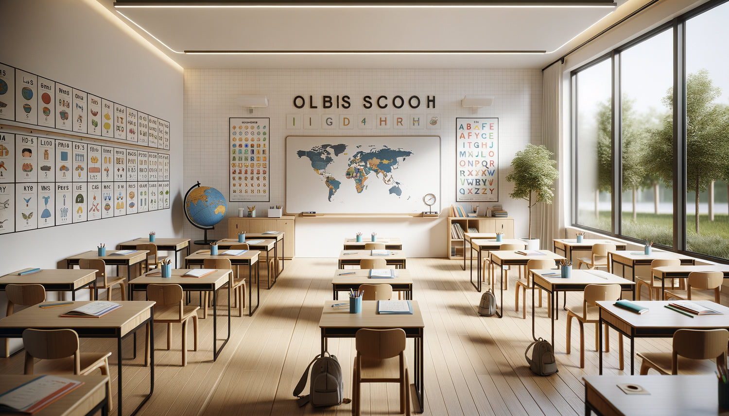 Petite salle de classe moderne avec proportions équilibrées, espacement stratégique entre mobilier et affichages pédagogiques, ambiance aérée