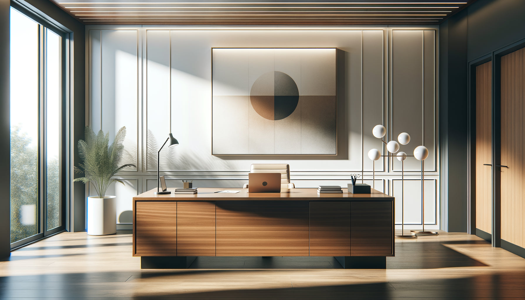 Bureau professionnel moderne avec tableau au mur respectant la règle des deux tiers pour proportions harmonieuses