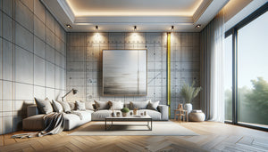 Salon contemporain démontrant les proportions idéales entre hauteur de plafond et dimensions d'un tableau accroché