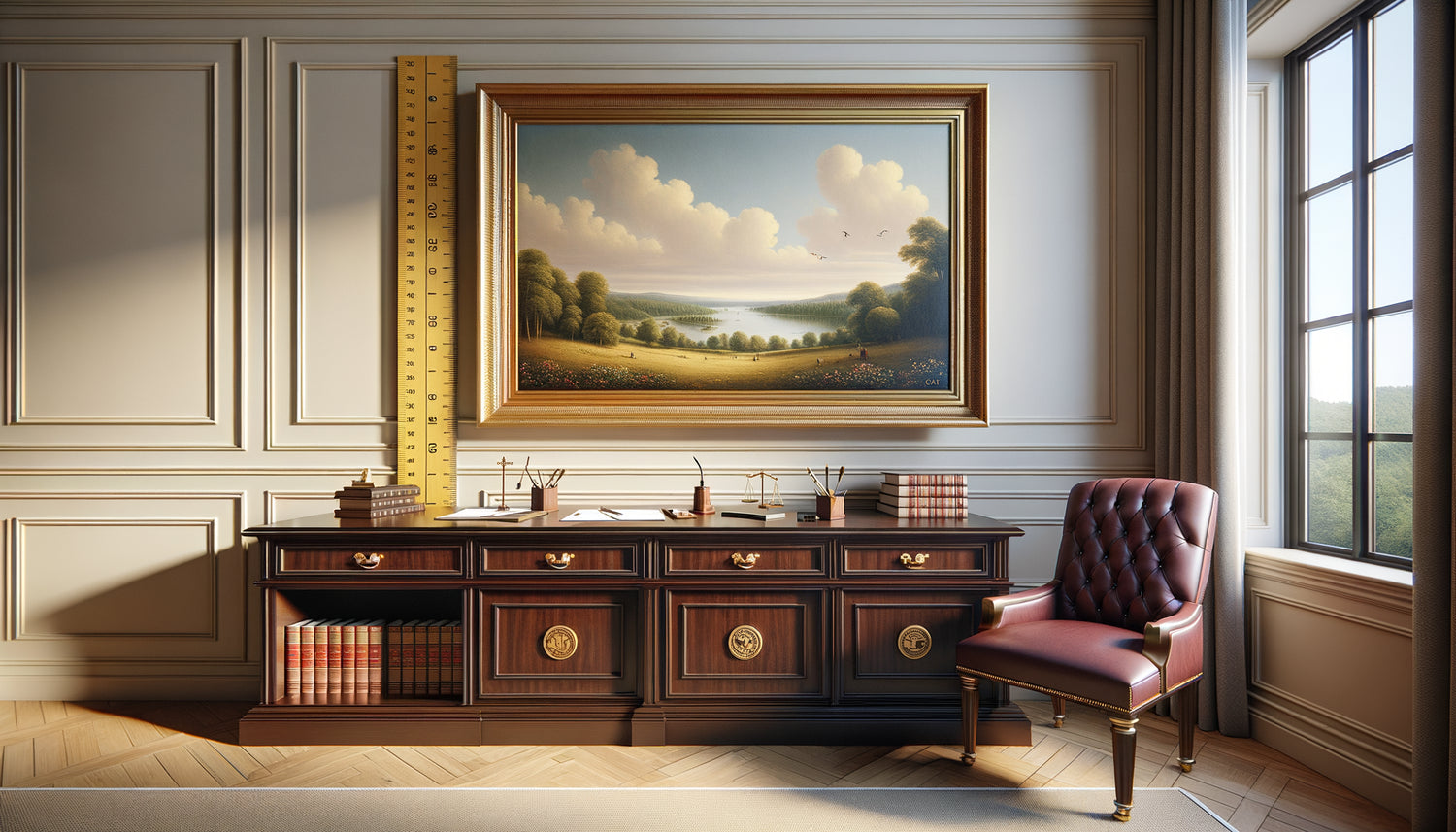 Bureau de notaire avec tableau accroché selon les proportions classiques au-dessus d'un meuble bas en bois sombre