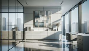 Cabinet professionnel moderne avec tableau abstrait respectant la règle des deux tiers sur mur blanc