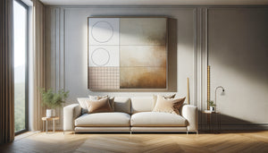 Salon contemporain montrant les proportions idéales d'un tableau selon la règle des deux tiers