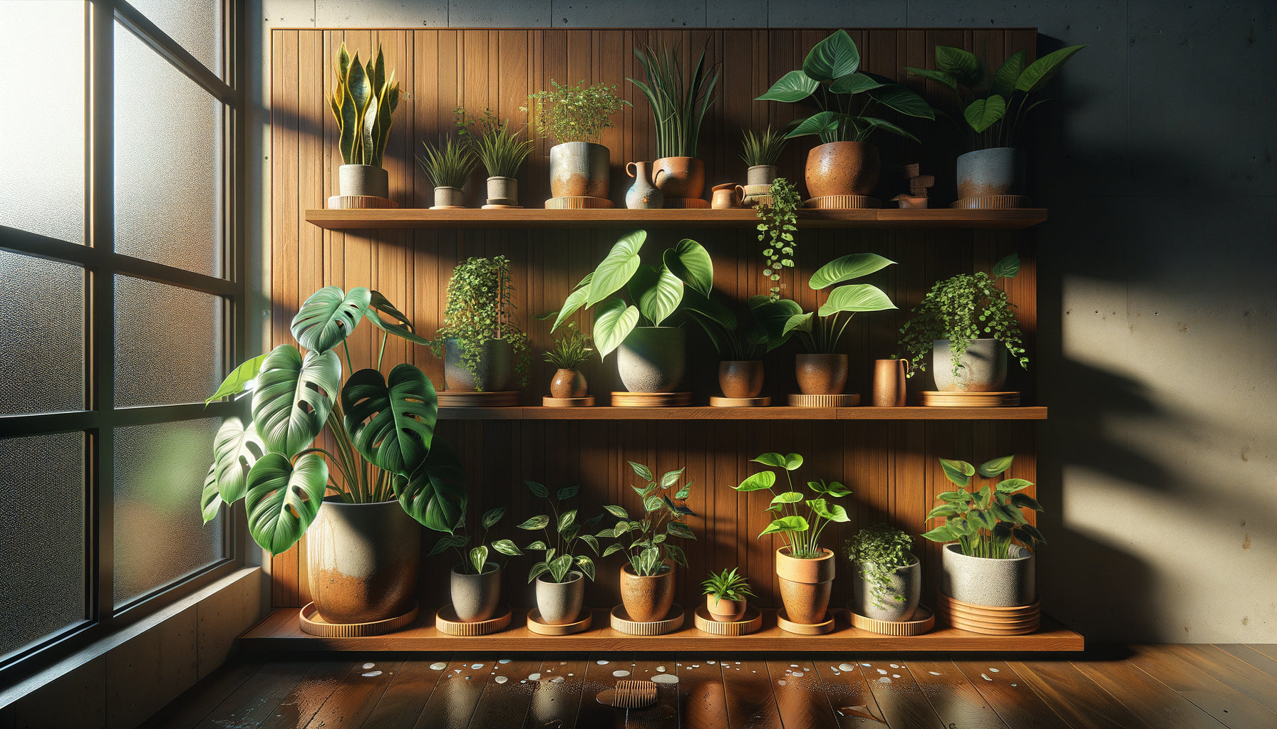 Étagère en bois avec plantes décoratives protégées par soucoupes et dessous imperméables contre l'humidité