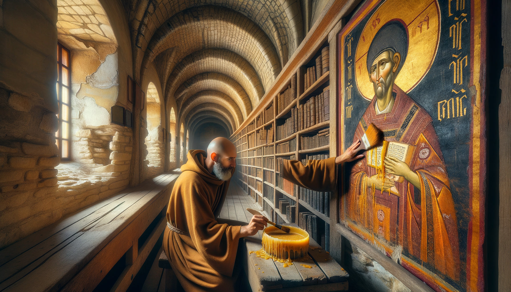Application de vernis à la cire d'abeille sur fresque murale ancienne dans bibliothèque monastique médiévale avec enduit à la chaux