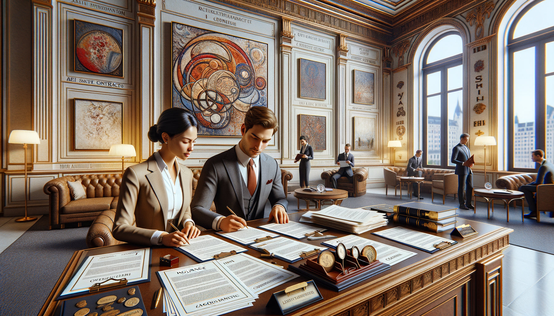 Gestionnaire d'hôtel et juriste examinant des contrats de protection d'œuvres d'art exposées dans un hall d'hôtel contemporain