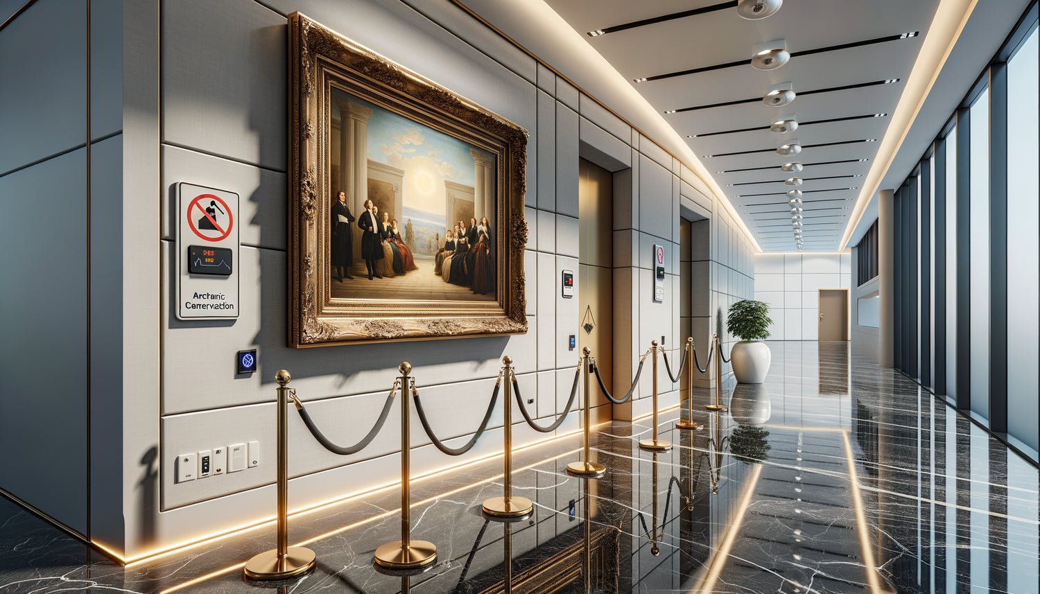 Œuvre d'art protégée par vitrage antireflet dans un hall d'entreprise à fort passage avec dispositifs de sécurité discrets