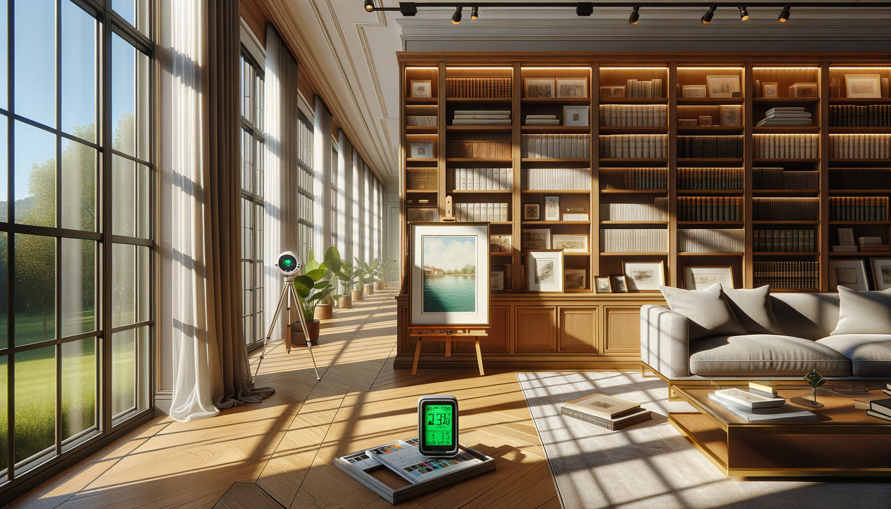 Bibliothèque vitrée avec œuvres originales protégées par verres anti-UV et filtres solaires architecturaux
