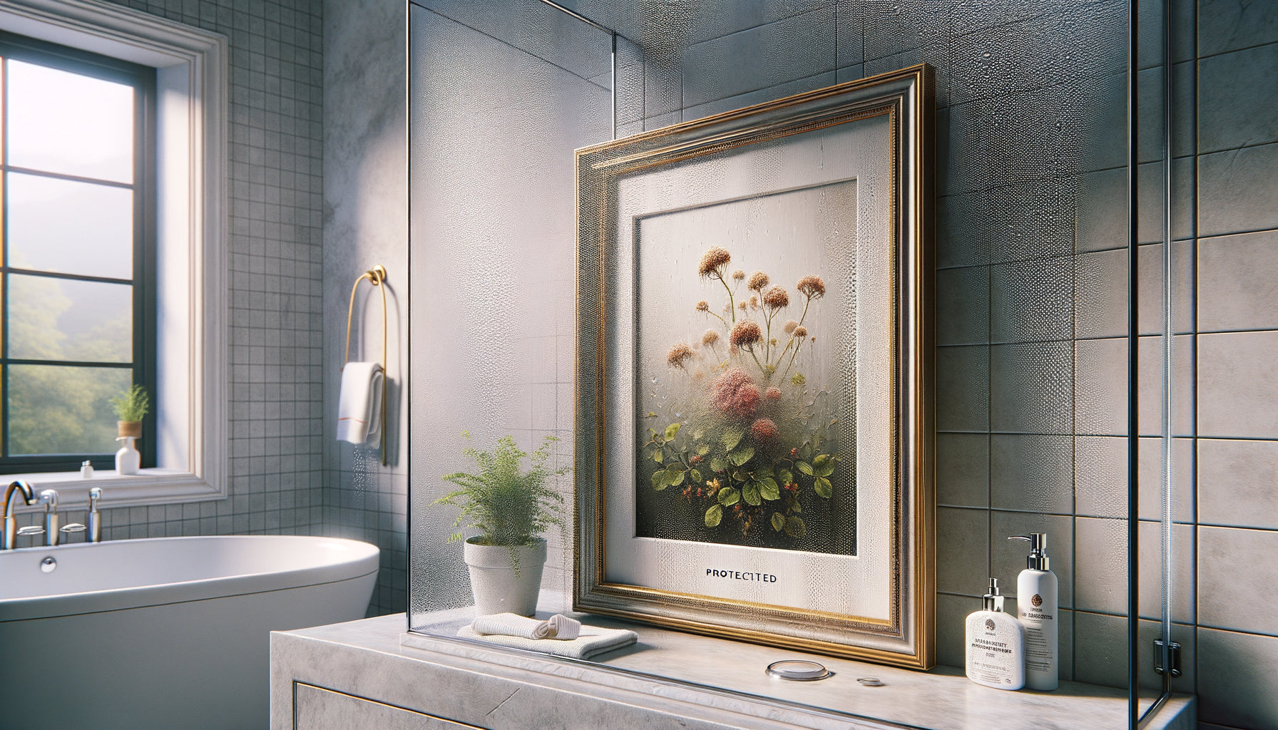 Tableau encadré protégé de l'humidité dans salle de bain moderne avec buée ambiante