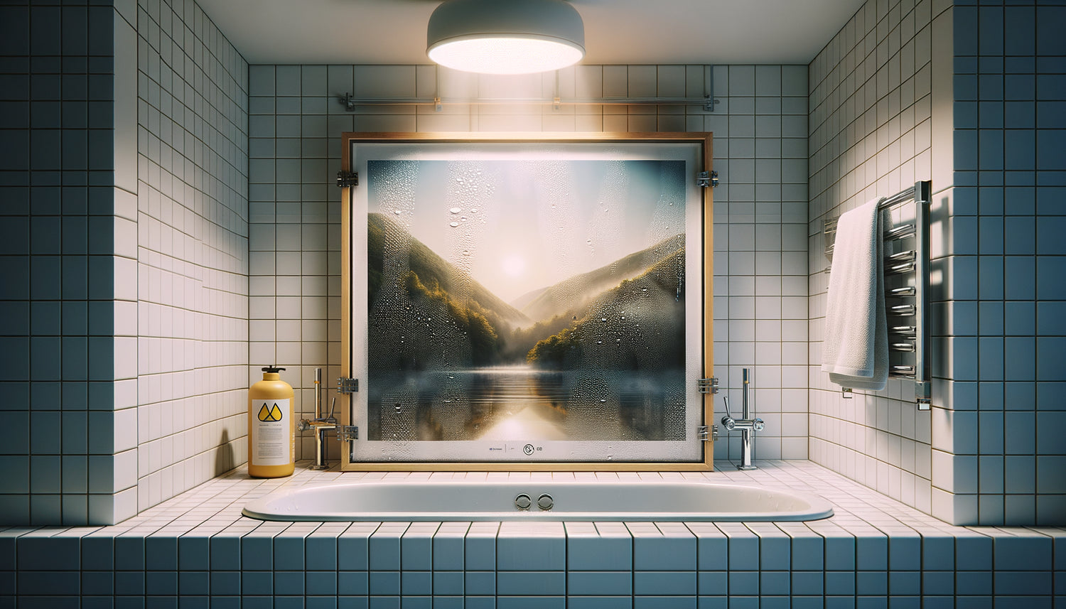 Tableau protégé contre l'humidité dans salle de bain moderne avec cadre étanche et système de ventilation visible